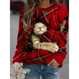 Christmas Plaid & Cat Sweatshirt, Casual Long Sleeve Crew Neck Sweatshirt, Women's Clothing