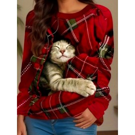 Christmas Plaid & Cat Sweatshirt, Casual Long Sleeve Crew Neck Sweatshirt, Women's Clothing