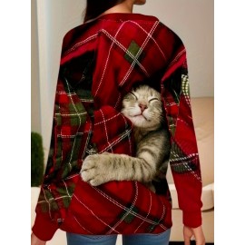 Christmas Plaid & Cat Sweatshirt, Casual Long Sleeve Crew Neck Sweatshirt, Women's Clothing