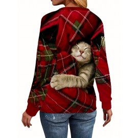 Christmas Plaid & Cat Sweatshirt, Casual Long Sleeve Crew Neck Sweatshirt, Women's Clothing