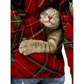 Christmas Plaid & Cat Sweatshirt, Casual Long Sleeve Crew Neck Sweatshirt, Women's Clothing