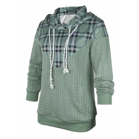 Plaid Print Paneled Drawstring Hoodie, Casual Long Sleeve Hooded Sweatshirt, Women's Clothing