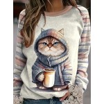 Cat Print Crew Neck Sweatshirt, Casual Long Sleeve Sweatshirt, Women's Clothing