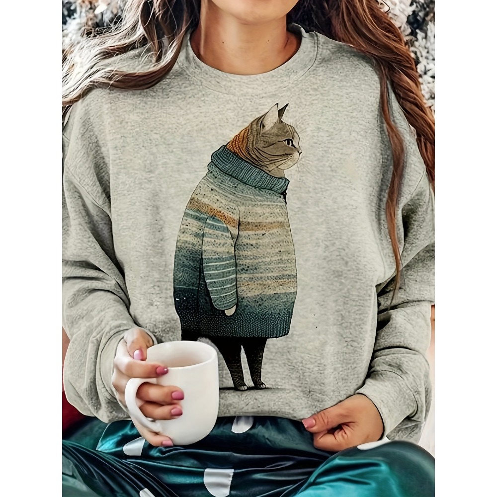 Cartoon Cat Print Crew Neck Sweatshirt, Casual Long Sleeve Sweatshirt For Spring & Fall, Women's Clothing