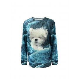 Dog Print Pullover Sweatshirt, Casual Long Sleeve Crew Neck Sweatshirt For Fall & Winter, Women's Clothing