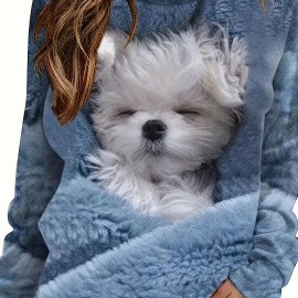 Dog Print Pullover Sweatshirt, Casual Long Sleeve Crew Neck Sweatshirt For Fall & Winter, Women's Clothing