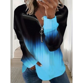 Ombre Print Quarter Zip Sweatshirt, Casual Long Sleeve Lapel Sweatshirt For Fall & Winter, Women's Clothing