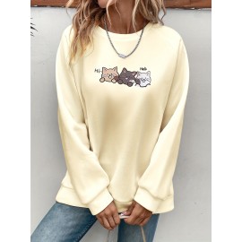 Cute Cat Print Crew Neck Sweatshirt, Casual Long Sleeve Raglan Shoulder Sweatshirt, Women's Clothing