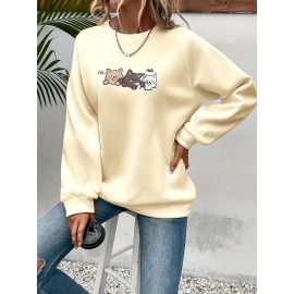 Cute Cat Print Crew Neck Sweatshirt, Casual Long Sleeve Raglan Shoulder Sweatshirt, Women's Clothing