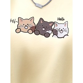 Cute Cat Print Crew Neck Sweatshirt, Casual Long Sleeve Raglan Shoulder Sweatshirt, Women's Clothing