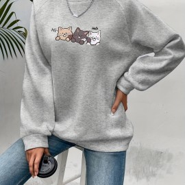 Cute Cat Print Crew Neck Sweatshirt, Casual Long Sleeve Raglan Shoulder Sweatshirt, Women's Clothing