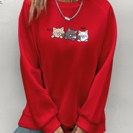 Cute Cat Print Crew Neck Sweatshirt, Casual Long Sleeve Raglan Shoulder Sweatshirt, Women's Clothing