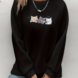 Cute Cat Print Crew Neck Sweatshirt, Casual Long Sleeve Raglan Shoulder Sweatshirt, Women's Clothing