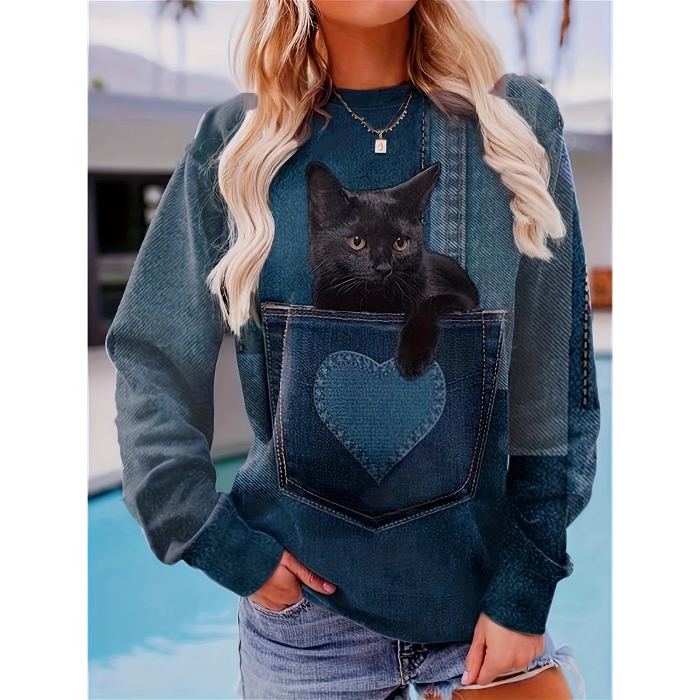 Cute Cat Print Sweatshirt, Casual Crew Neck Long Sleeve Sweatshirt, Women's Clothing