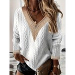 Contrast Lace Pullover Sweatshirt, Casual Long Sleeve V Neck Cable Sweatshirt For Fall & Winter, Women's Clothing