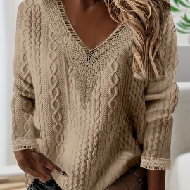 Contrast Lace Pullover Sweatshirt, Casual Long Sleeve V Neck Cable Sweatshirt For Fall & Winter, Women's Clothing