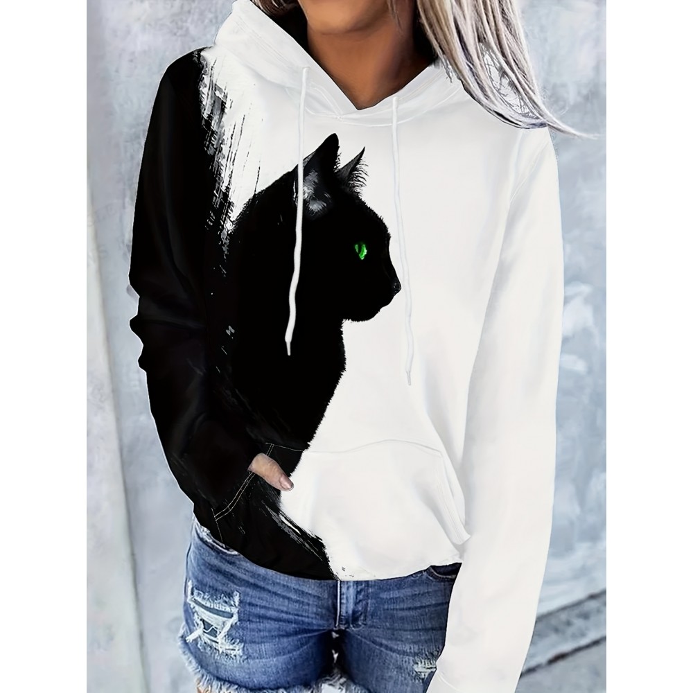 Cat Pattern Drawstring Hoodie, Casual Long Sleeve Kangaroo Pocket Hoodie Sweatshirt, Women's Clothing