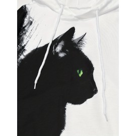 Cat Pattern Drawstring Hoodie, Casual Long Sleeve Kangaroo Pocket Hoodie Sweatshirt, Women's Clothing