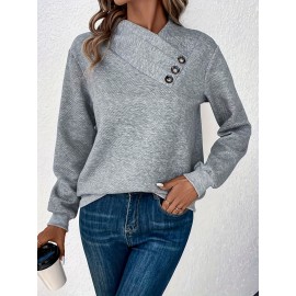 Button Decor Pullover Sweatshirt, Casual Long Sleeve Sweatshirt For Fall & Winter, Women's Clothing