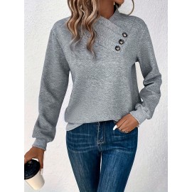 Button Decor Pullover Sweatshirt, Casual Long Sleeve Sweatshirt For Fall & Winter, Women's Clothing