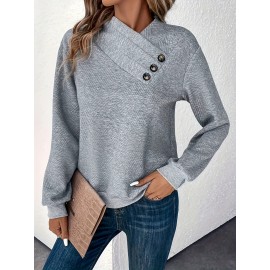 Button Decor Pullover Sweatshirt, Casual Long Sleeve Sweatshirt For Fall & Winter, Women's Clothing