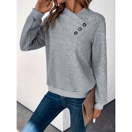 Button Decor Pullover Sweatshirt, Casual Long Sleeve Sweatshirt For Fall & Winter, Women's Clothing