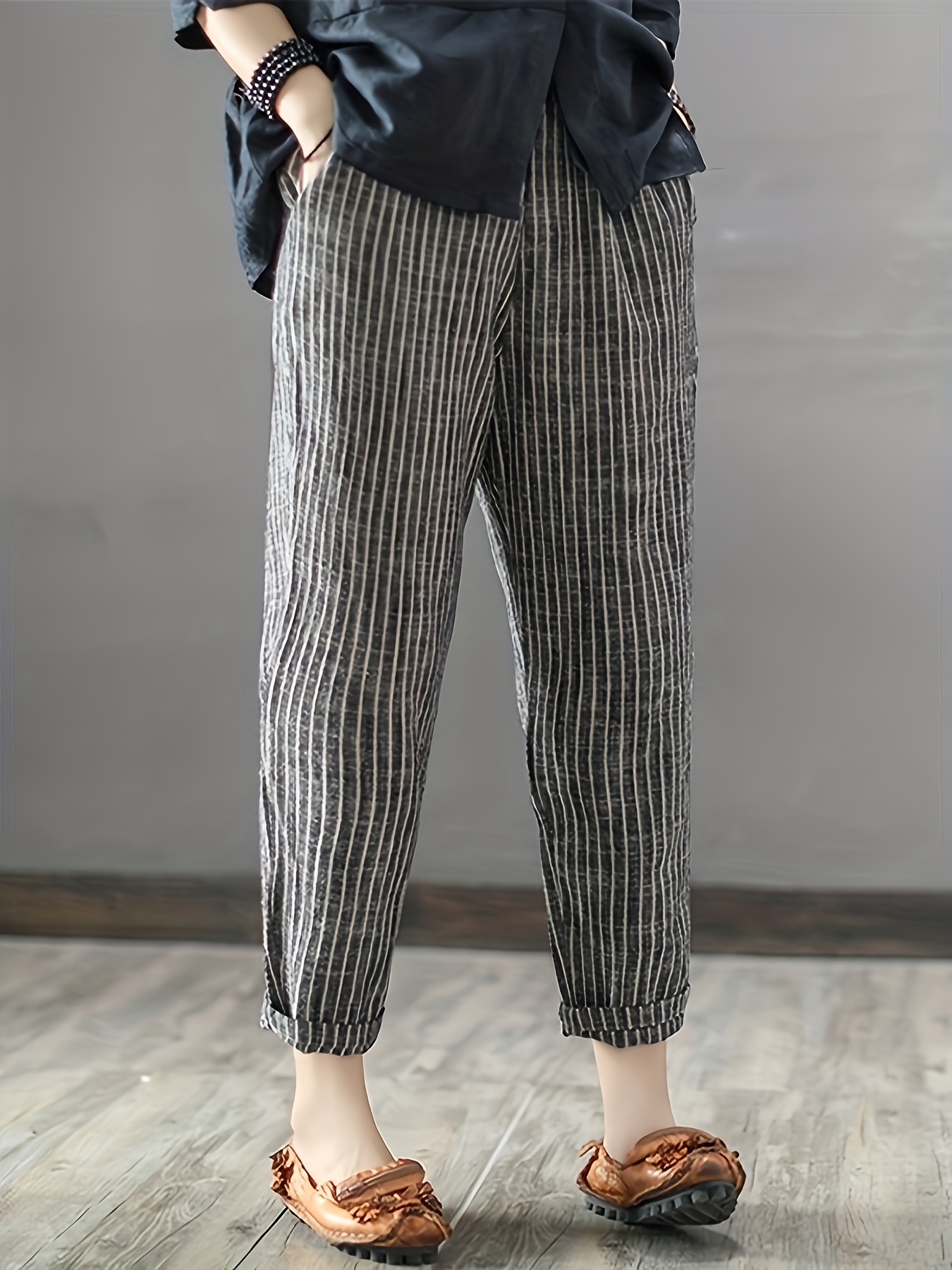 striped print cropped harem pants vintage slant pocket loose pants womens clothing details 0