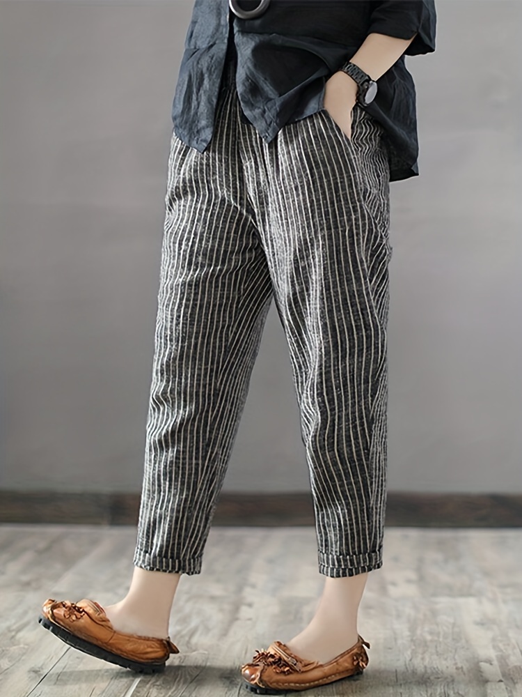 striped print cropped harem pants vintage slant pocket loose pants womens clothing details 1