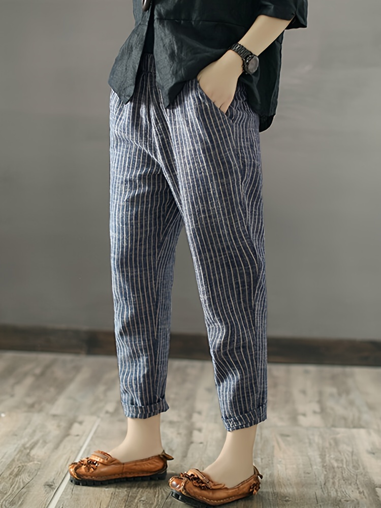 striped print cropped harem pants vintage slant pocket loose pants womens clothing details 3