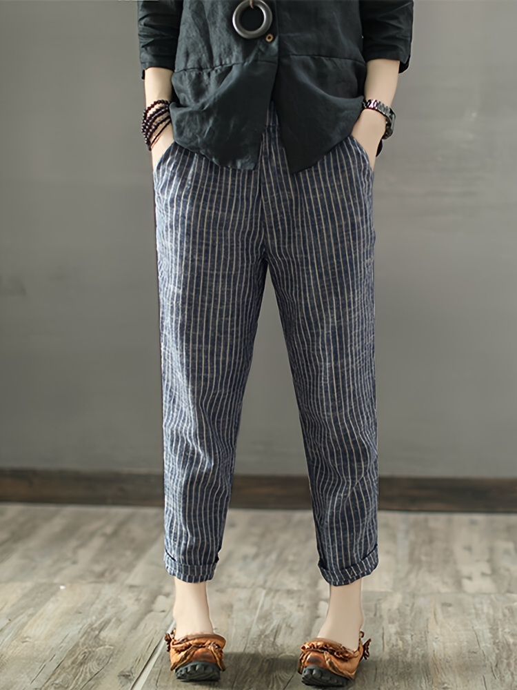 striped print cropped harem pants vintage slant pocket loose pants womens clothing details 4