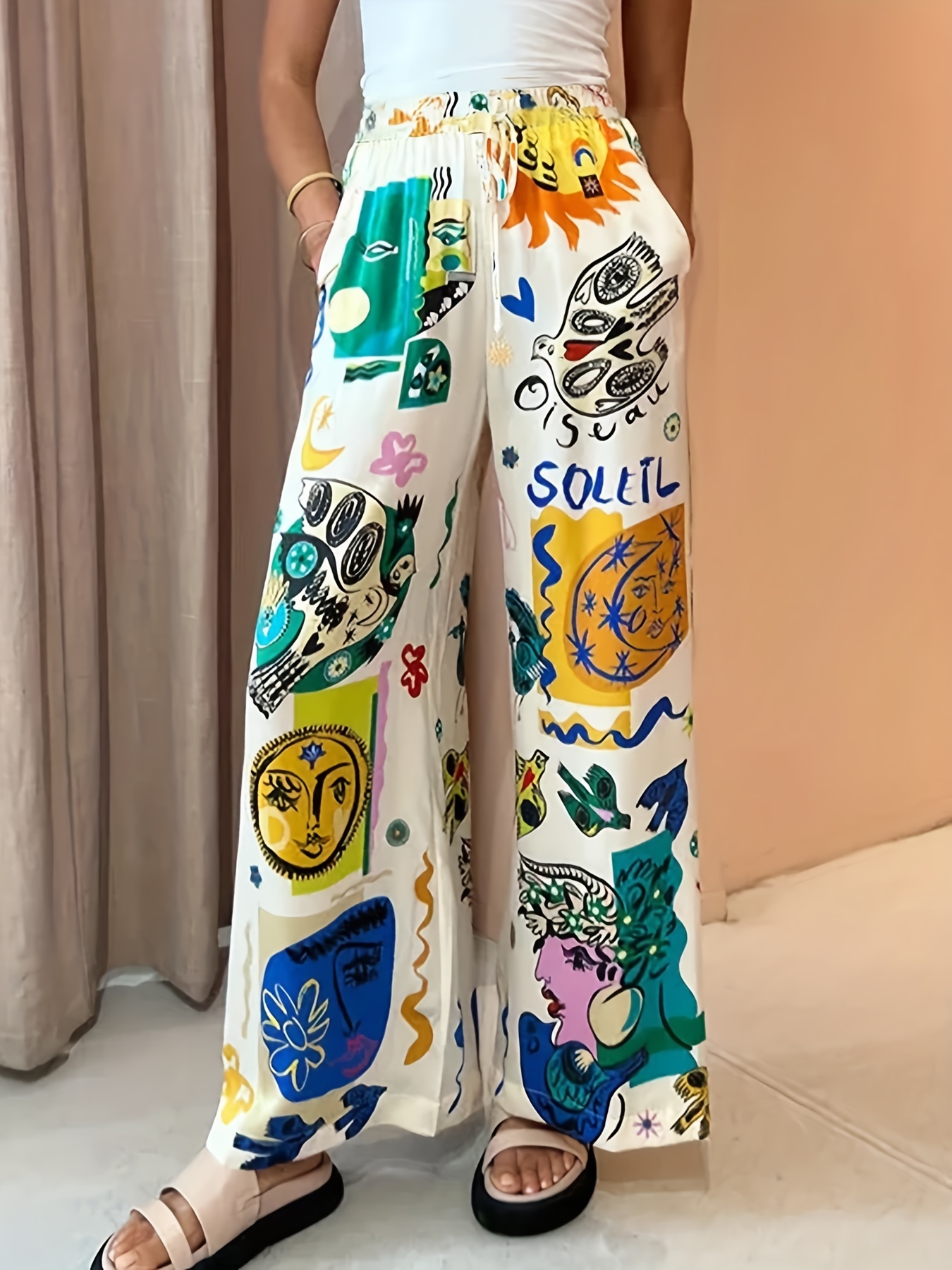 graphic print elastic waist straight leg pants causal dual pockets pants womens clothing details 6