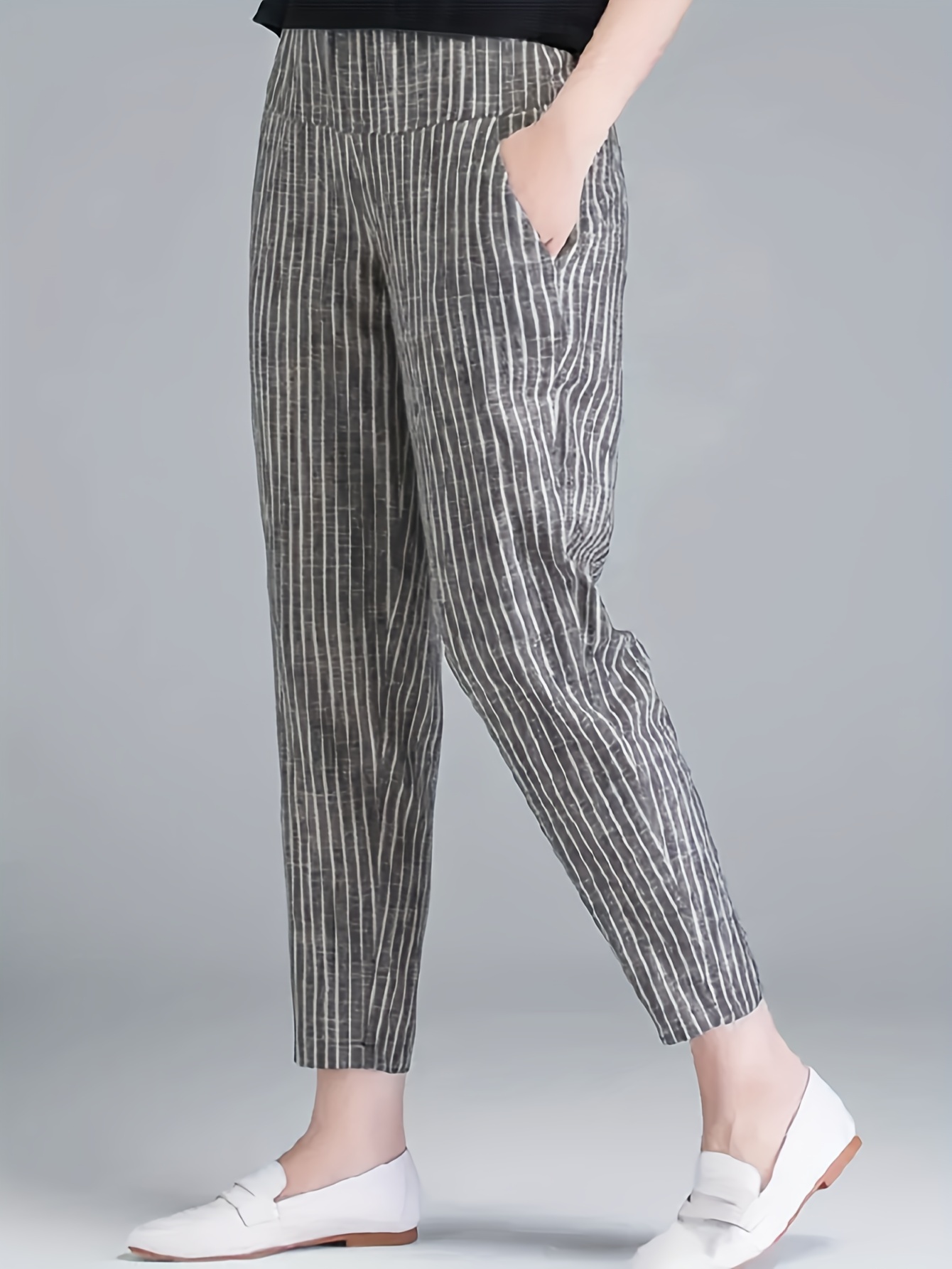 striped print high waist harem pants casual slant pockets capri pants womens clothing details 1