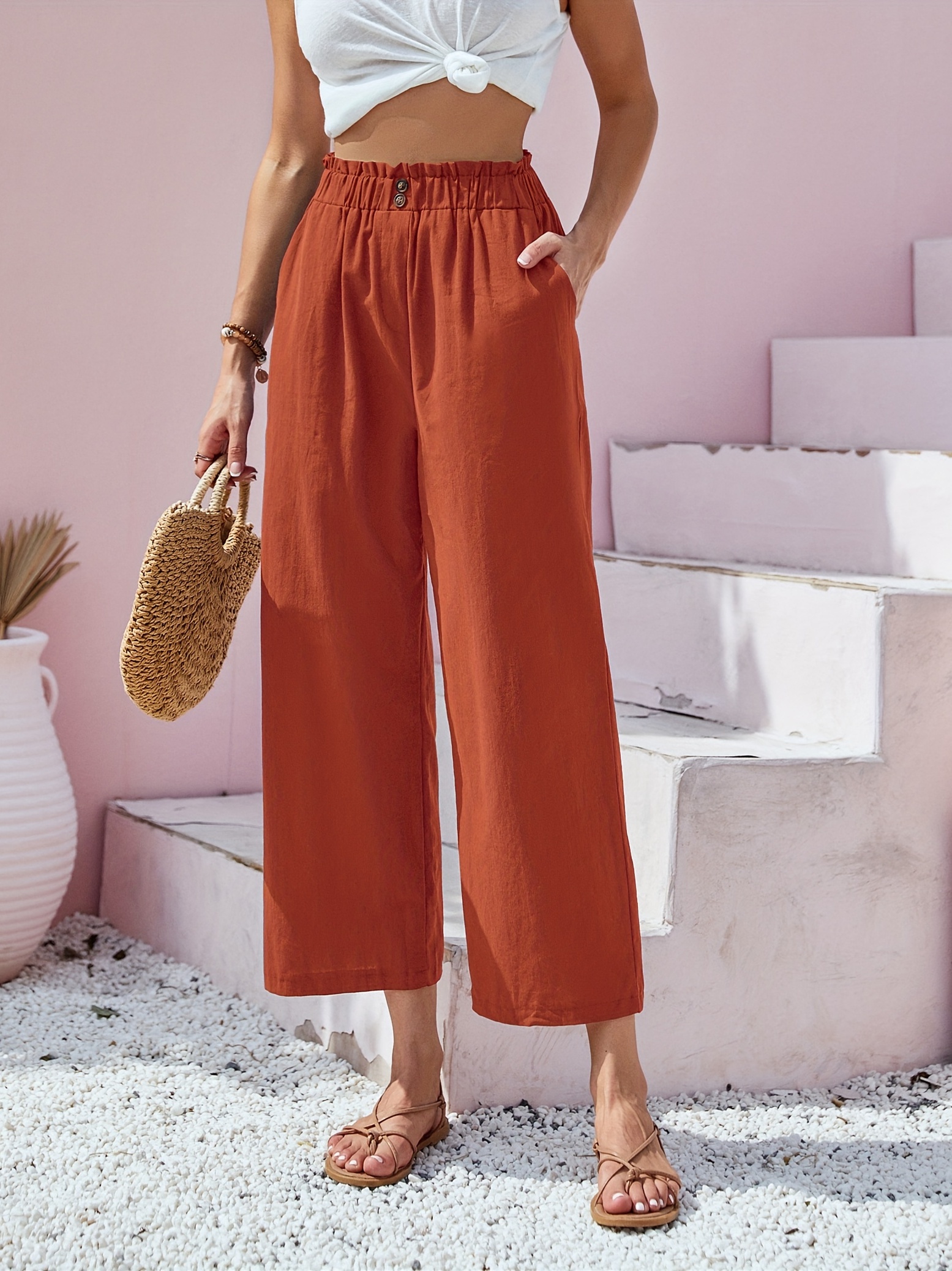 button front wide leg pants casual loose pants for spring summer womens clothing details 2