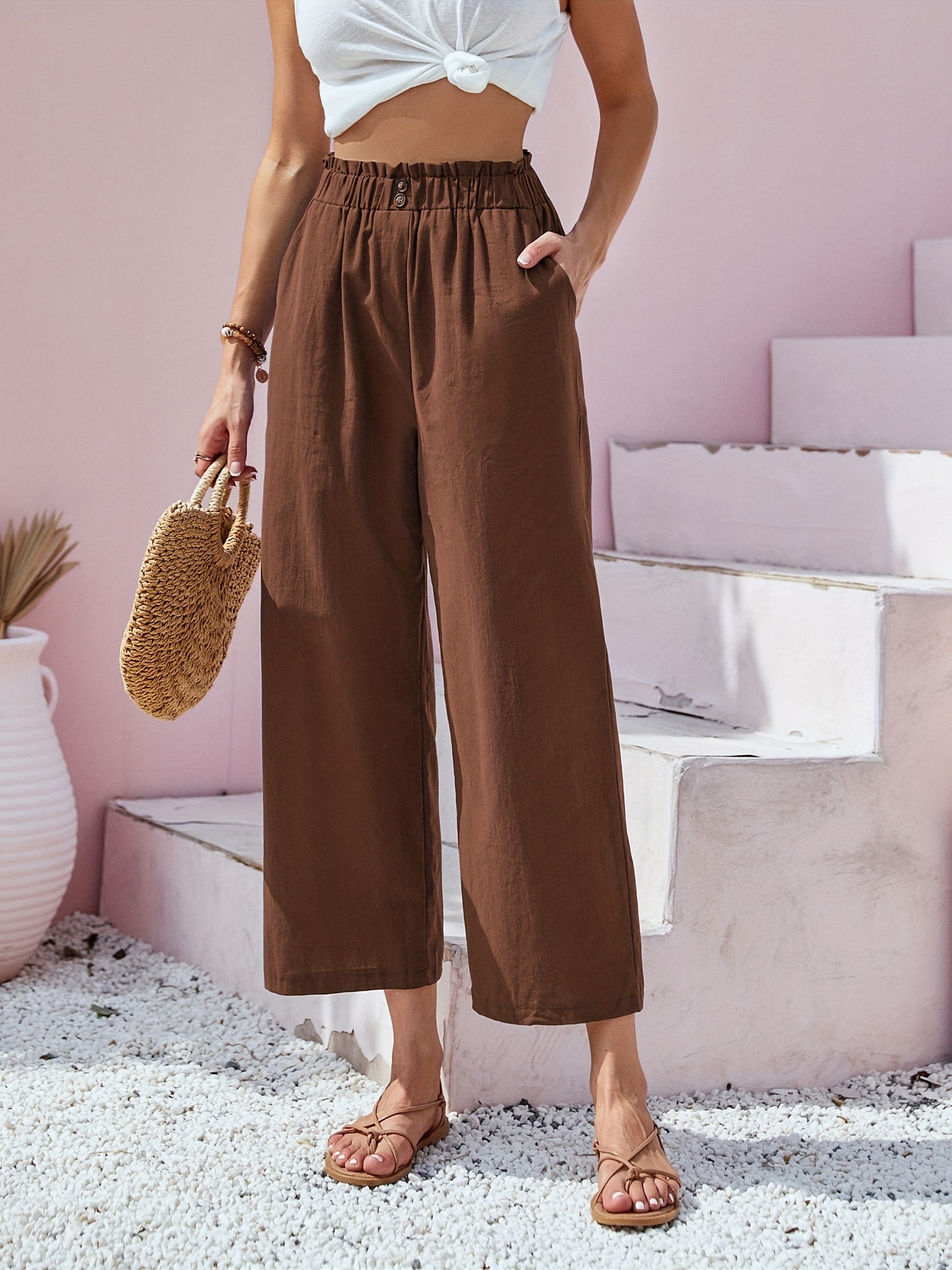 button front wide leg pants casual loose pants for spring summer womens clothing details 6