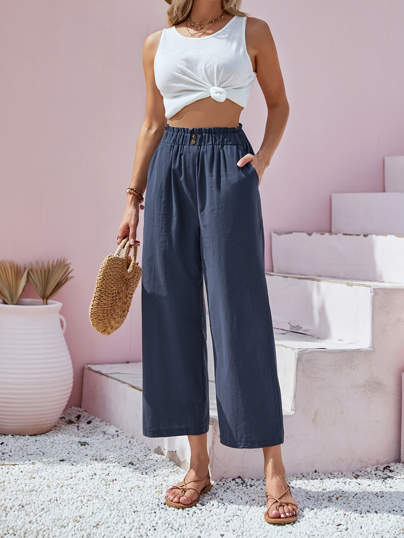 button front wide leg pants casual loose pants for spring summer womens clothing details 9