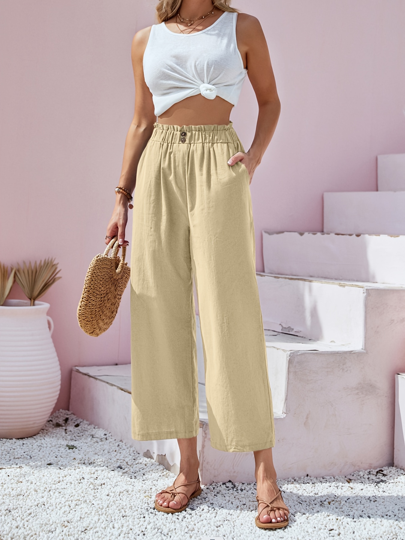 button front wide leg pants casual loose pants for spring summer womens clothing details 12