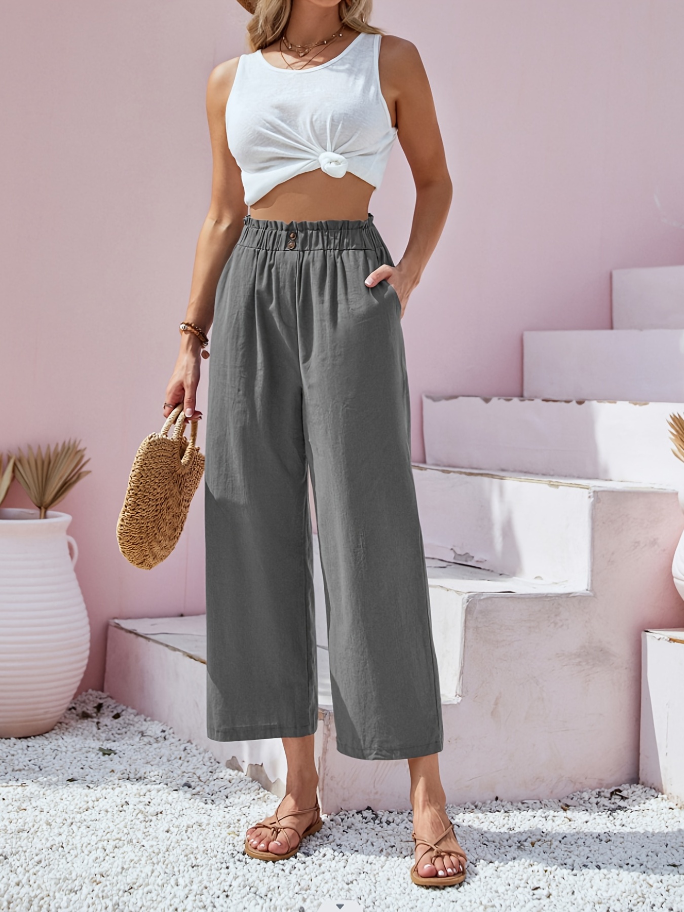 button front wide leg pants casual loose pants for spring summer womens clothing details 15