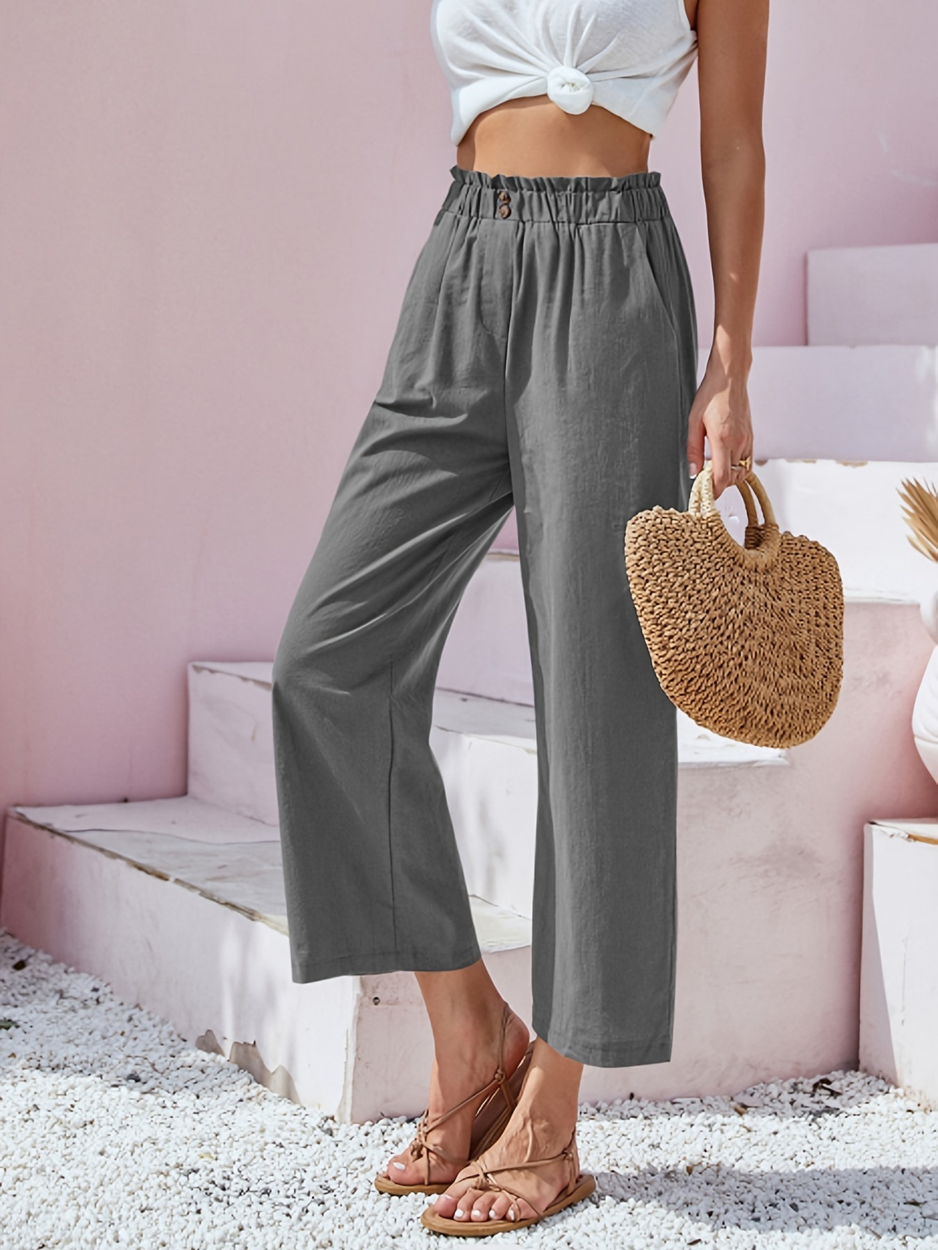 button front wide leg pants casual loose pants for spring summer womens clothing details 17