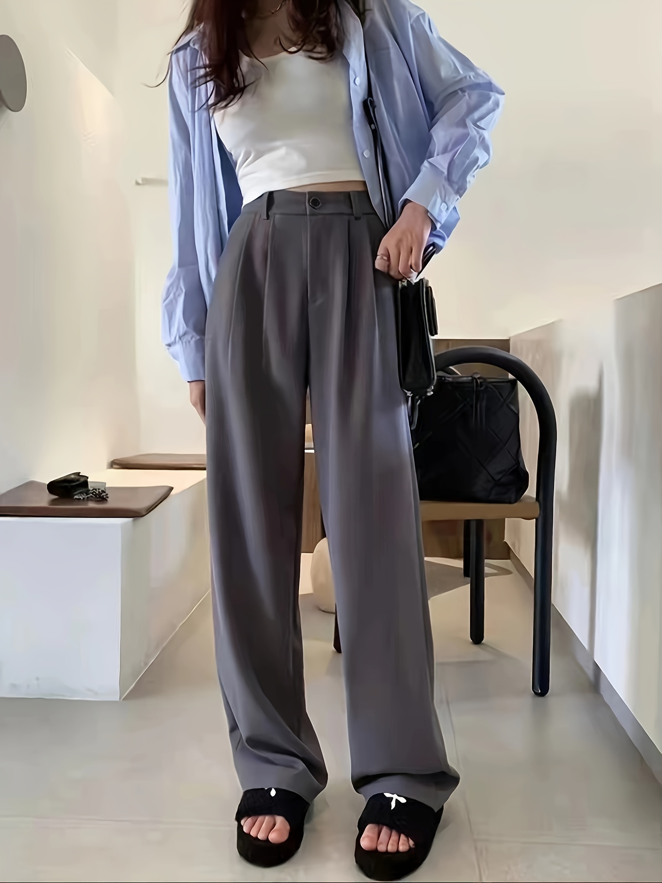 straight leg trouser high waist casual pants for spring fall womens clothing details 11