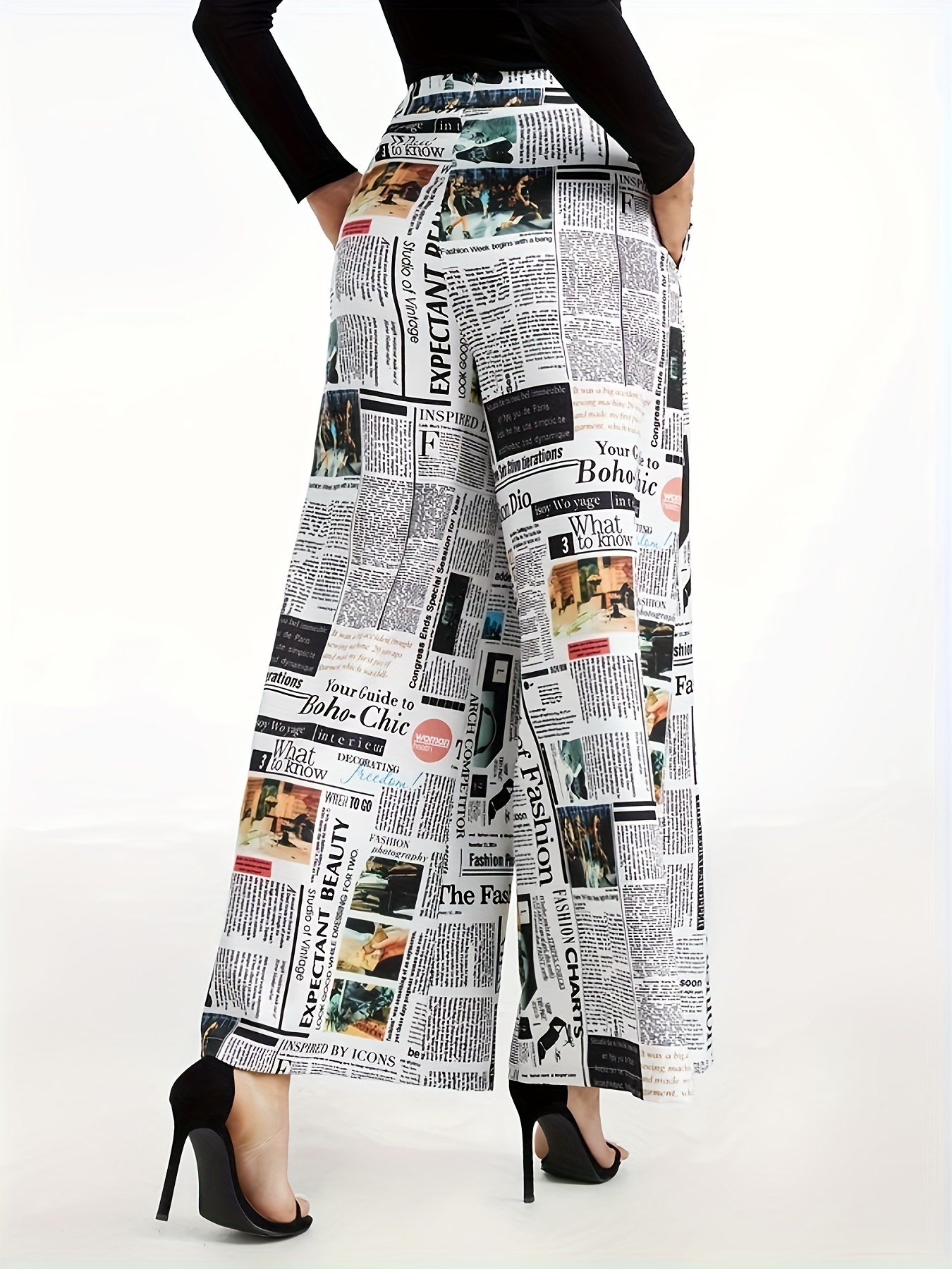 newspaper print palazzo pants casual high waist wide leg pants womens clothing details 0