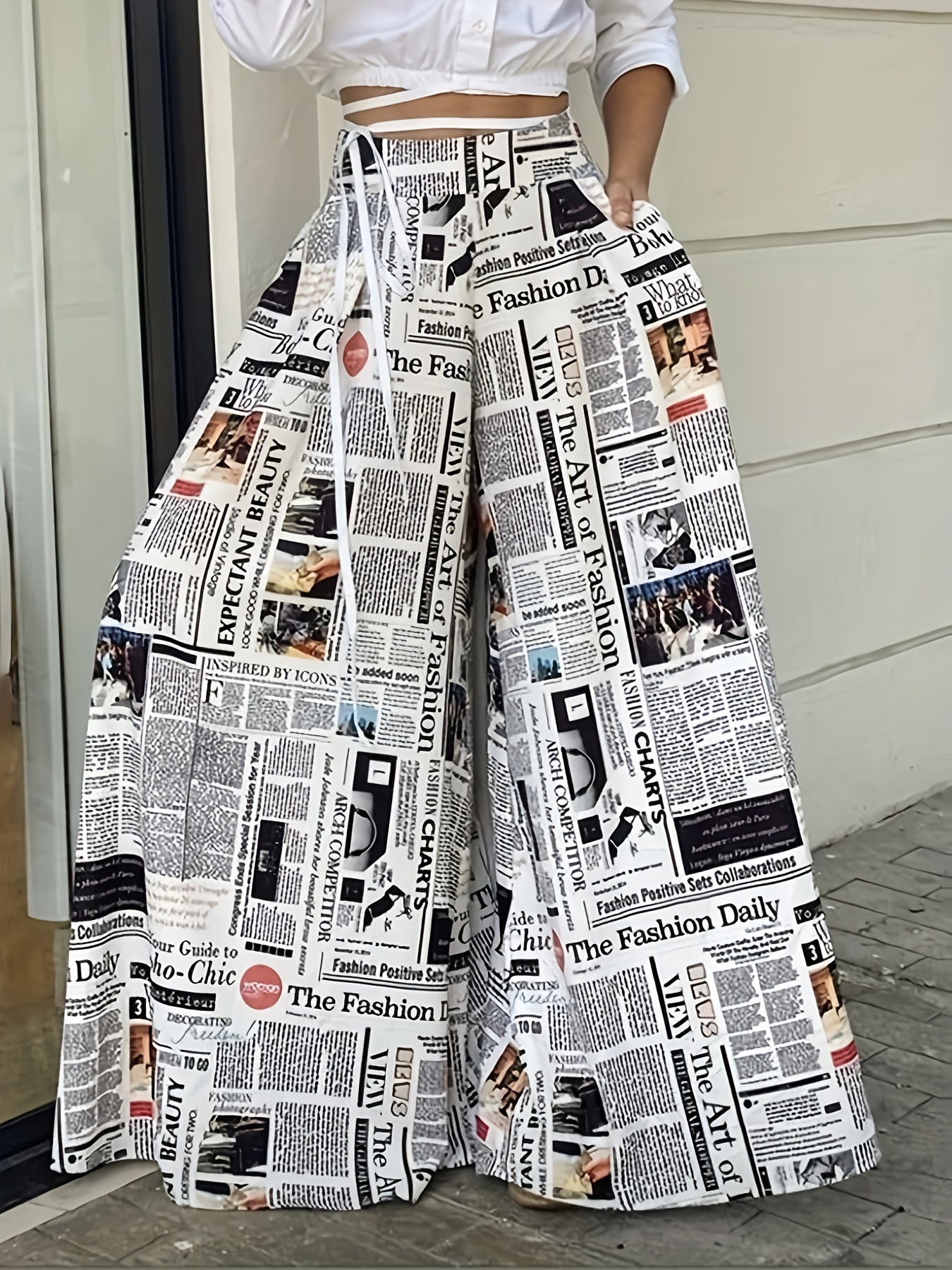 newspaper print palazzo pants casual high waist wide leg pants womens clothing details 1