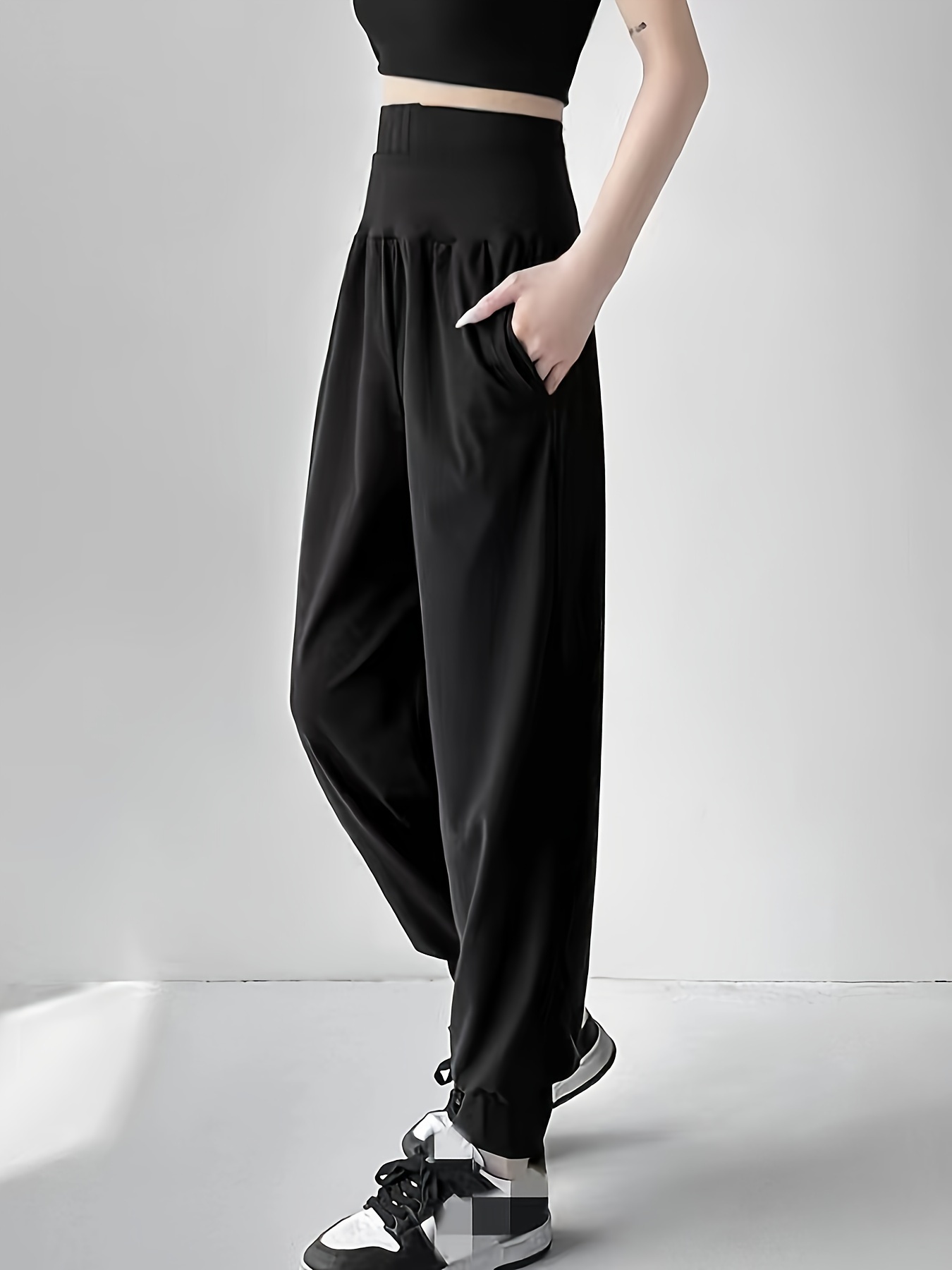 high waist jogger pants casual slant pockets loose pants womens clothing details 4