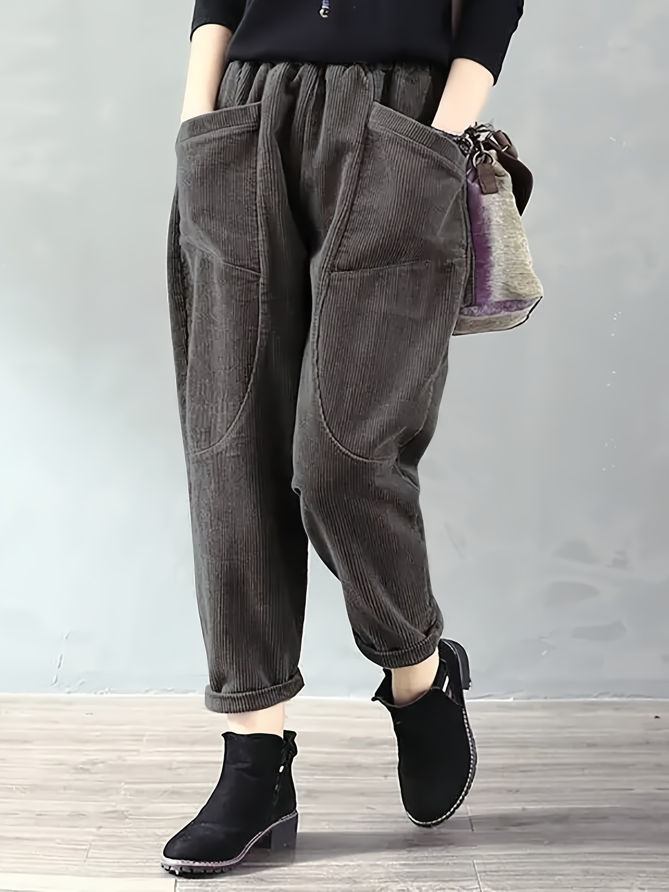 dual pockets baggy pants casual loose pants for spring fall womens clothing details 3