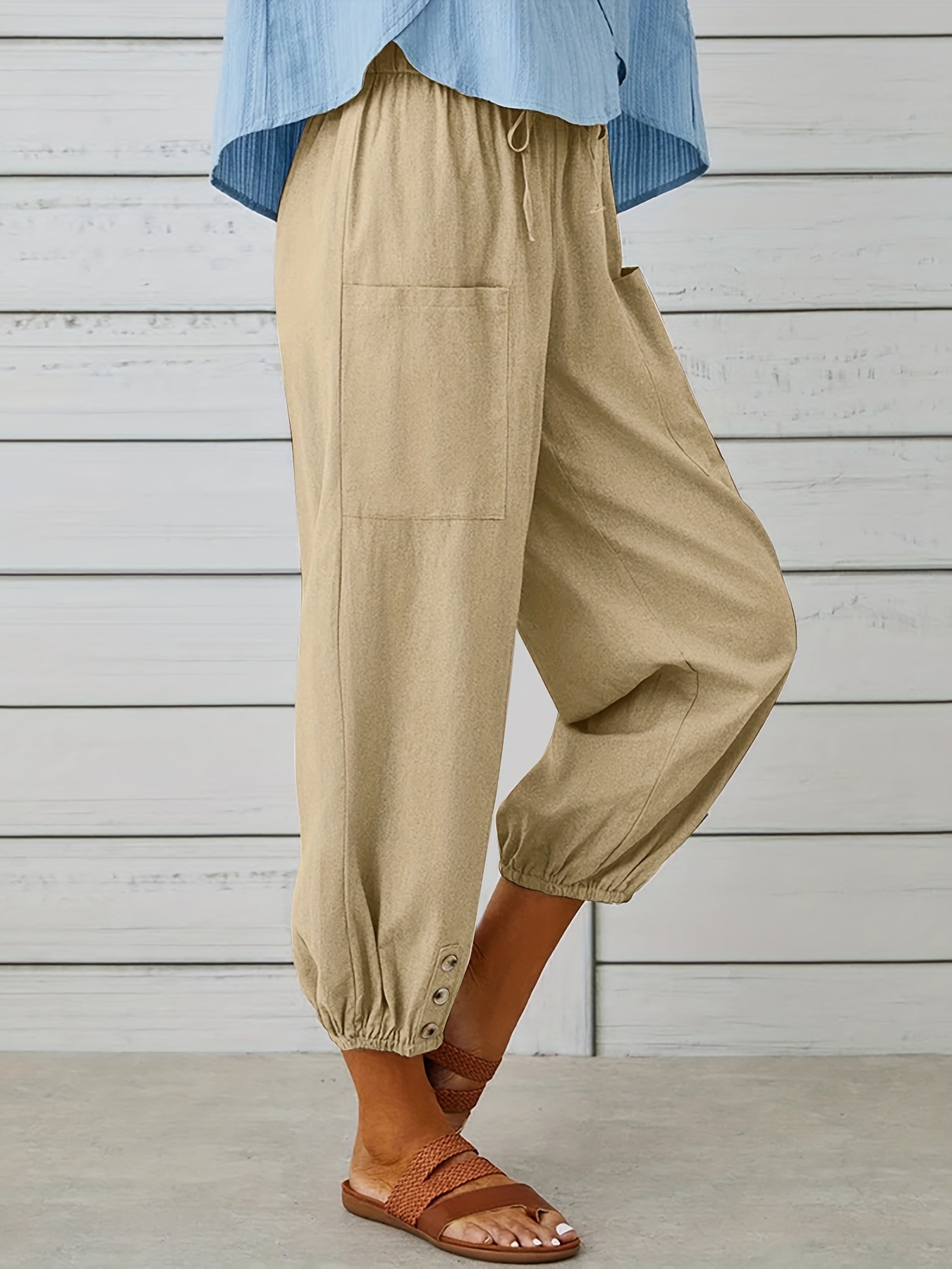 patched pockets button front crop pants casual loose pants for spring summer womens clothing details 2