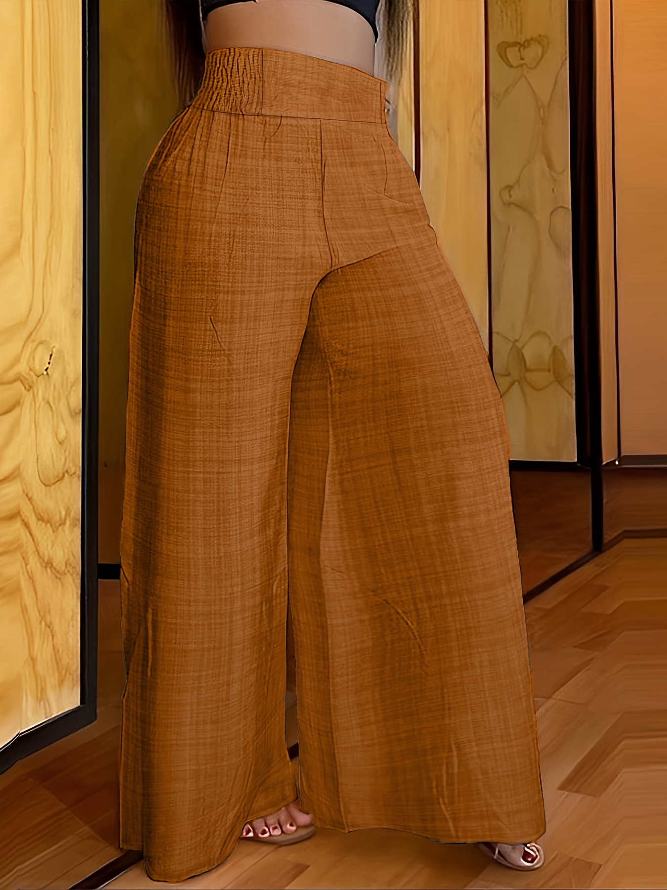 solid simple palazzo pants casual wide leg elastic waist pants womens clothing details 15