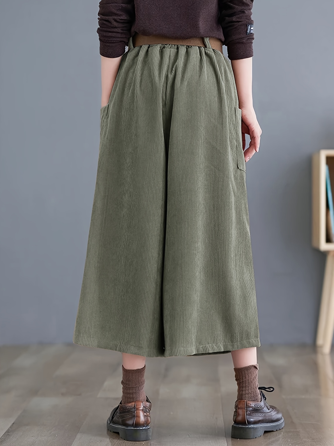 solid cropped wide leg pants casual corduroy pants with pocket womens clothing details 1