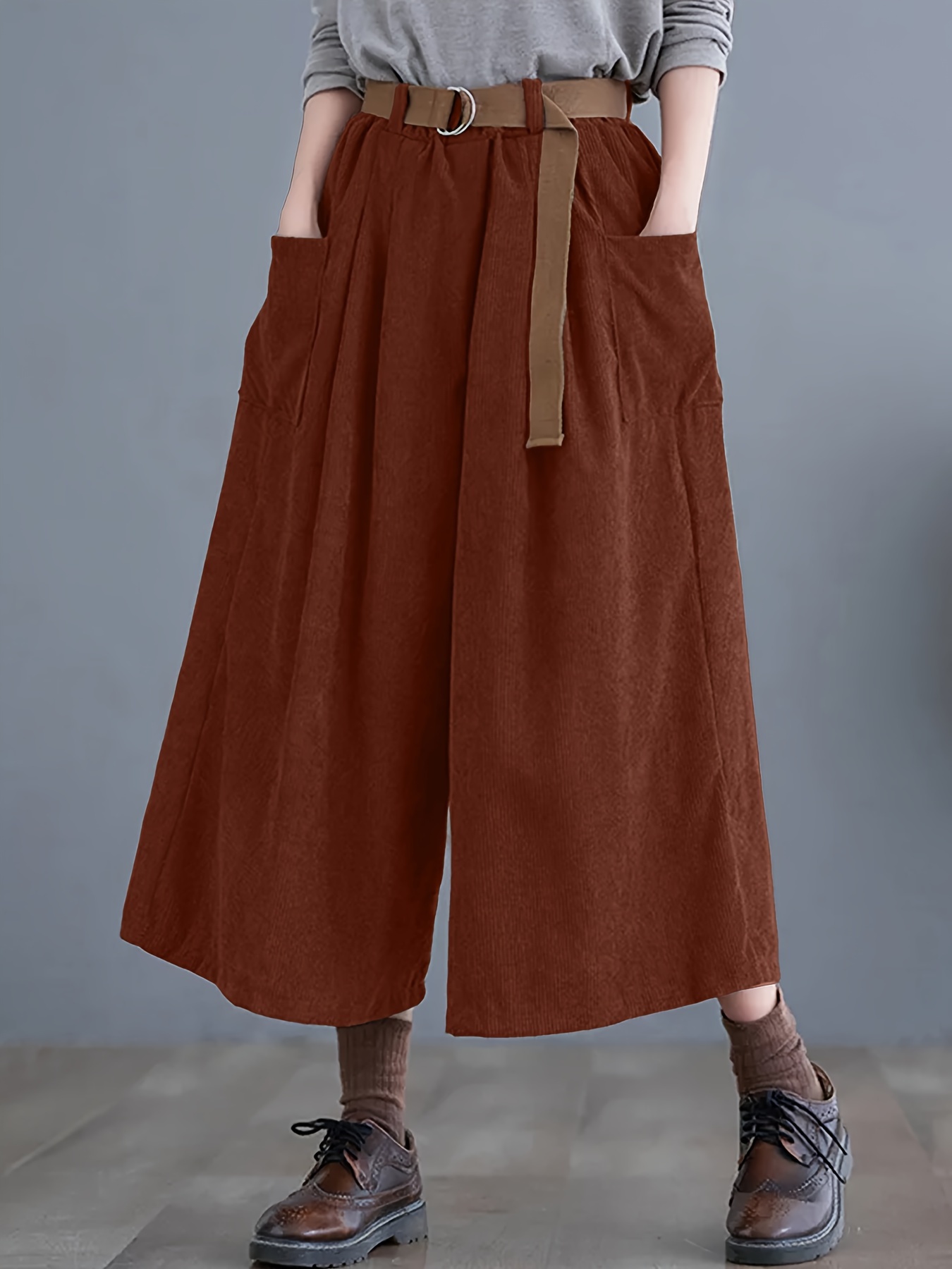 solid cropped wide leg pants casual corduroy pants with pocket womens clothing details 5