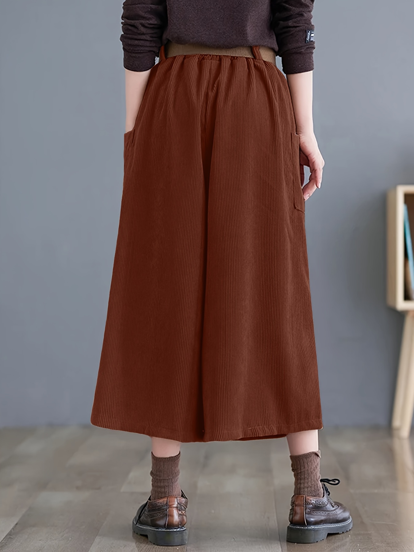 solid cropped wide leg pants casual corduroy pants with pocket womens clothing details 6