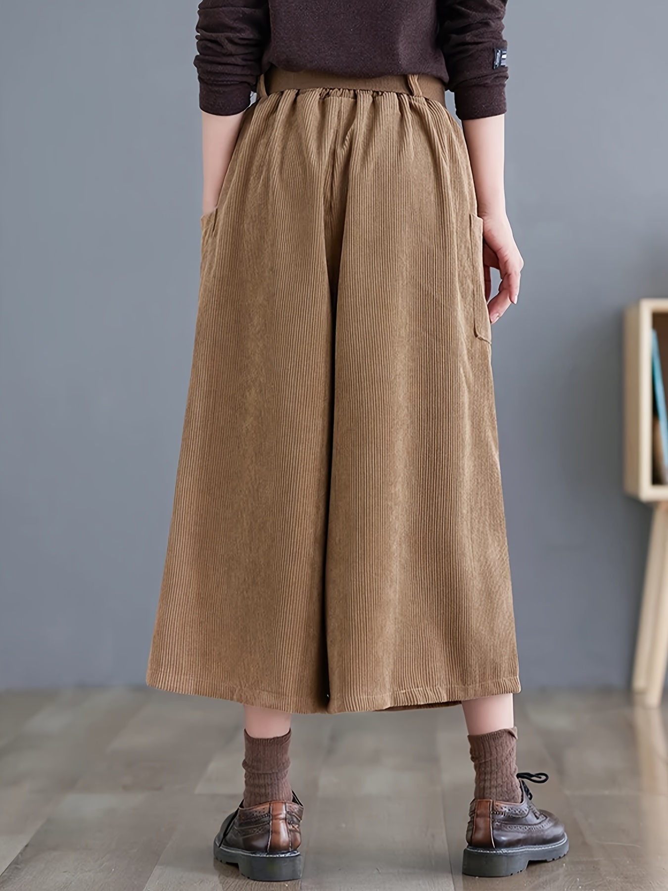 solid cropped wide leg pants casual corduroy pants with pocket womens clothing details 10