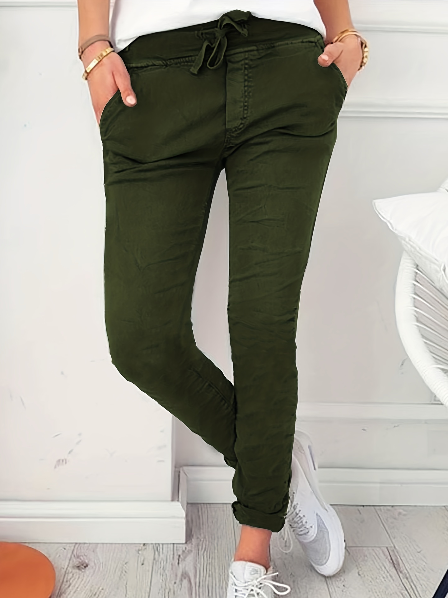 drawstring long length pants casual solid pants with pockets womens clothing details 10